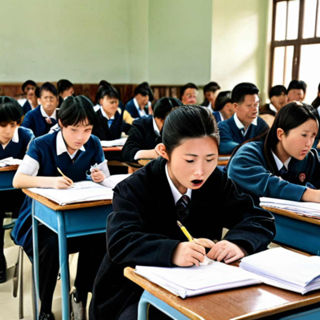 **Image Prompt 1:** A crowded examination hall filled with young Chinese adults intensely focused on taking the local civil service exam. Capture the atmosphere of high competition and stress. In the foreground, have a student nervously biting their pen, while in the background, show proctors carefully monitoring the room. This photo should reflect the pressure and importance of the exam in securing a stable future.