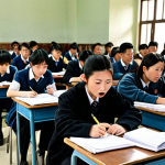 **Image Prompt 1:** A crowded examination hall filled with young Chinese adults intensely focused on taking the local civil service exam. Capture the atmosphere of high competition and stress. In the foreground, have a student nervously biting their pen, while in the background, show proctors carefully monitoring the room. This photo should reflect the pressure and importance of the exam in securing a stable future.