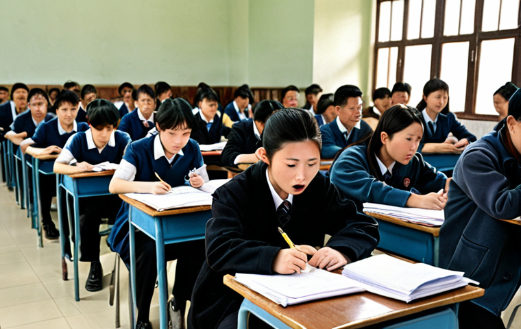 **Image Prompt 1:** A crowded examination hall filled with young Chinese adults intensely focused on taking the local civil service exam. Capture the atmosphere of high competition and stress. In the foreground, have a student nervously biting their pen, while in the background, show proctors carefully monitoring the room. This photo should reflect the pressure and importance of the exam in securing a stable future.