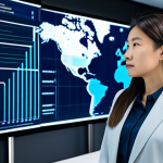 A professional female civil servant, impeccably dressed in a modest business suit, stands in a brightly lit, futuristic smart government office. She is attentively observing large transparent digital screens displaying complex data visualizations and real-time urban management analytics, reflecting the integration of AI and big data in public service. The environment is sleek and modern, with subtle blue and white lighting, emphasizing innovation and efficiency. Her posture is confident and engaged, with perfect anatomy, correct proportions, and a natural pose. The image captures a sense of a dynamic and evolving civil service. The scene is fully clothed, appropriate attire, safe for work, professional, and family-friendly, with well-formed hands, proper finger count, and natural body proportions, in high-quality professional photography.