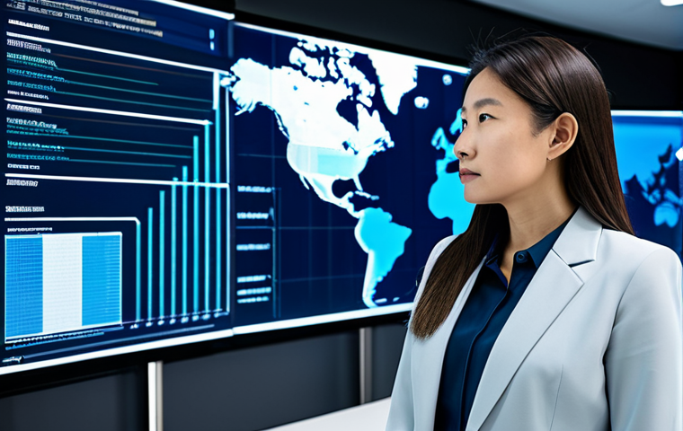 A professional female civil servant, impeccably dressed in a modest business suit, stands in a brightly lit, futuristic smart government office. She is attentively observing large transparent digital screens displaying complex data visualizations and real-time urban management analytics, reflecting the integration of AI and big data in public service. The environment is sleek and modern, with subtle blue and white lighting, emphasizing innovation and efficiency. Her posture is confident and engaged, with perfect anatomy, correct proportions, and a natural pose. The image captures a sense of a dynamic and evolving civil service. The scene is fully clothed, appropriate attire, safe for work, professional, and family-friendly, with well-formed hands, proper finger count, and natural body proportions, in high-quality professional photography.