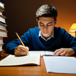 지방공무원 채용 시험 흐름도 - **Image Prompt:** "A determined student studying hard at a desk piled high with books and exam paper...