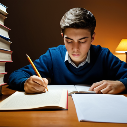 지방공무원 채용 시험 흐름도 - **Image Prompt:** "A determined student studying hard at a desk piled high with books and exam paper...