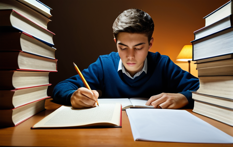 지방공무원 채용 시험 흐름도 - **Image Prompt:** "A determined student studying hard at a desk piled high with books and exam paper...