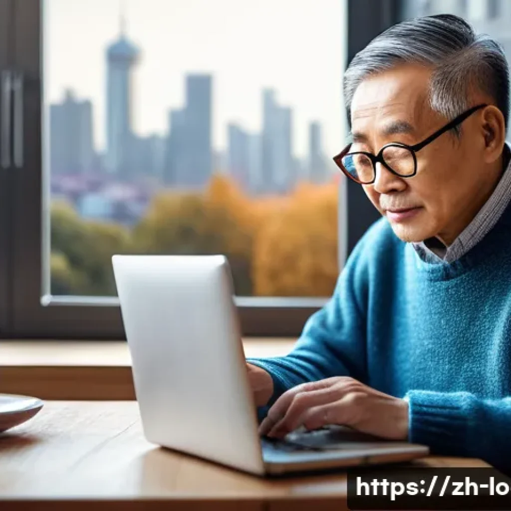 지방공무원 정년 퇴직 후 진로 - A retired Chinese man in his late 60s studying digital marketing on a laptop at home, dressed casual...