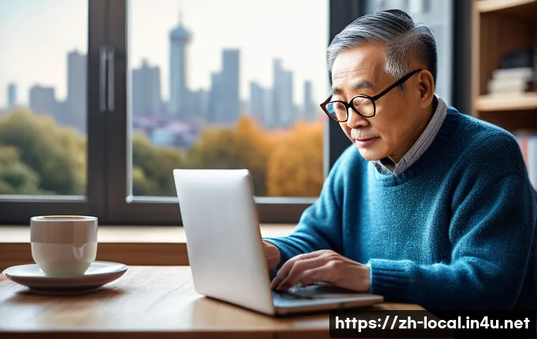 지방공무원 정년 퇴직 후 진로 - A retired Chinese man in his late 60s studying digital marketing on a laptop at home, dressed casual...