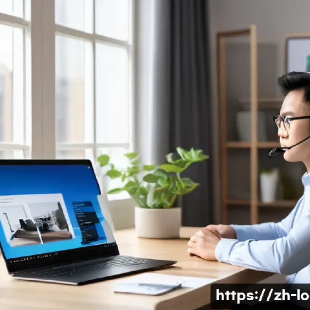 지방공무원 재택근무 사례 - A modern home office scene featuring a Chinese civil servant working remotely using a high-performan...