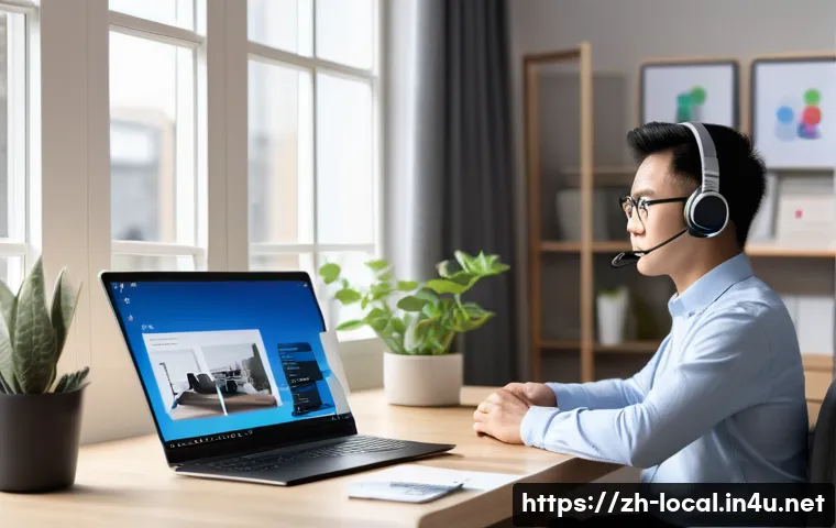 지방공무원 재택근무 사례 - A modern home office scene featuring a Chinese civil servant working remotely using a high-performan...