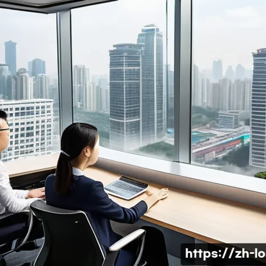지방공무원 근무 지역 선택 팁 - A modern office environment in a large Chinese city, featuring a diverse team of colleagues engaging...
