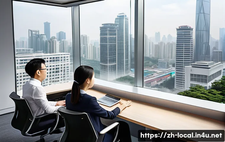 지방공무원 근무 지역 선택 팁 - A modern office environment in a large Chinese city, featuring a diverse team of colleagues engaging...