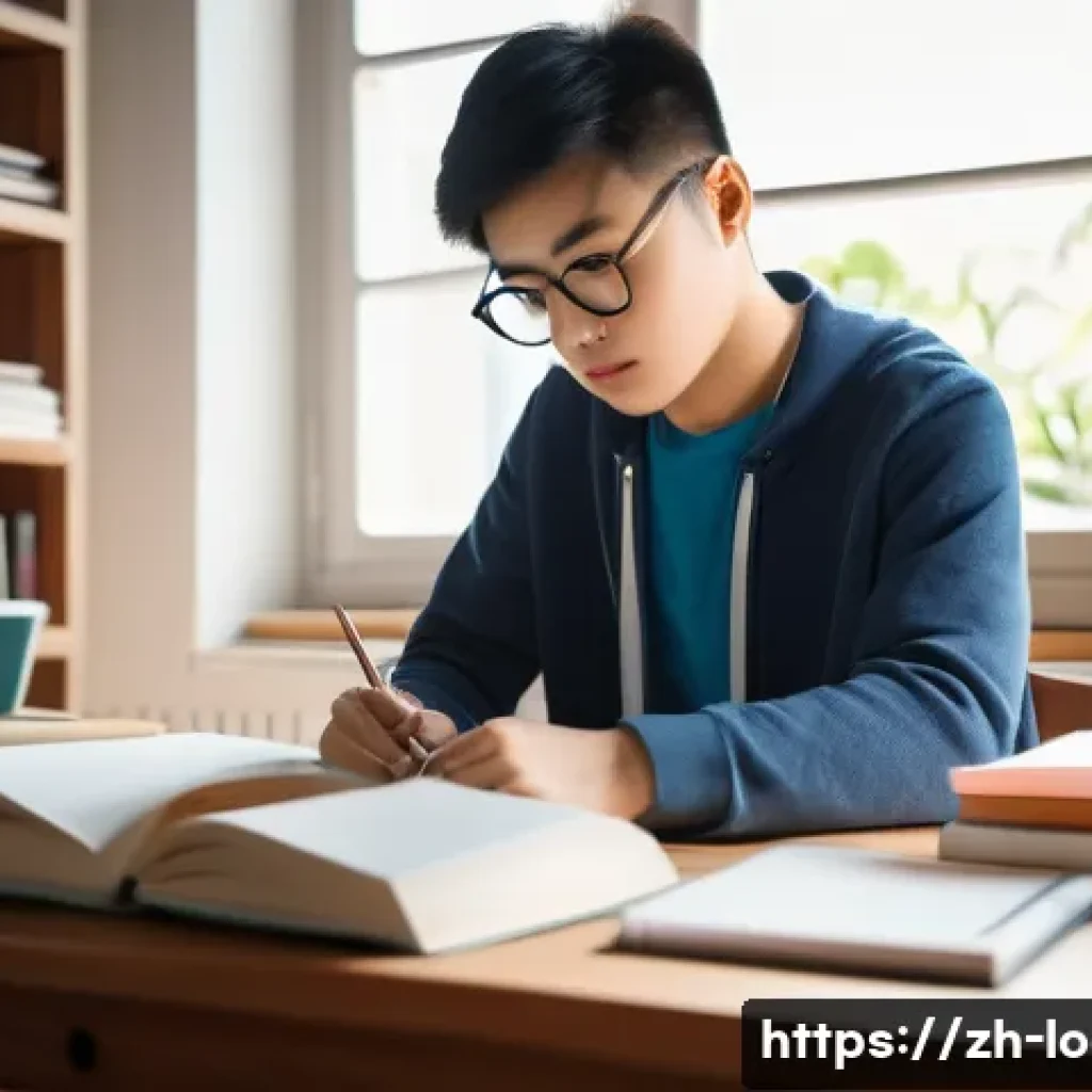 지방공무원 시험 대비 멘탈 관리법 - A focused Chinese student studying at a tidy desk in a bright modern room during early morning, wear...