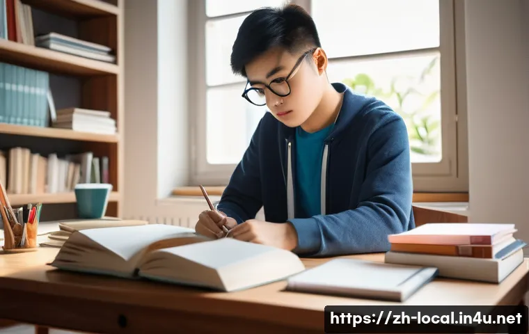 지방공무원 시험 대비 멘탈 관리법 - A focused Chinese student studying at a tidy desk in a bright modern room during early morning, wear...