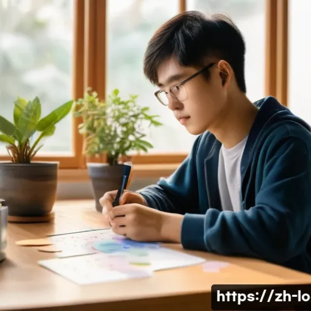 지방공무원 시험 공부 루틴 - A modern study room bathed in soft morning light (6:30-8:00), featuring a focused young Chinese stud...