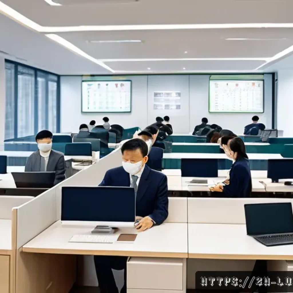 지방공무원 법정근로시간과 초과근무 - A modern Chinese government office scene showing a diverse group of civil servants working at desks ...