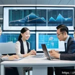 지방공무원 업무 관련 최신 트렌드 - A modern Chinese civil servant office scene showing a diverse group of professionals collaborating a...