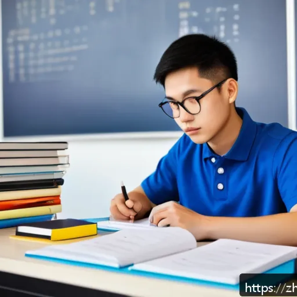 지방공무원 승진 시험 전략 - A focused young Chinese adult student studying at a modern desk with a well-organized, color-coded t...
