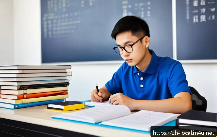 지방공무원 승진 시험 전략 - A focused young Chinese adult student studying at a modern desk with a well-organized, color-coded t...