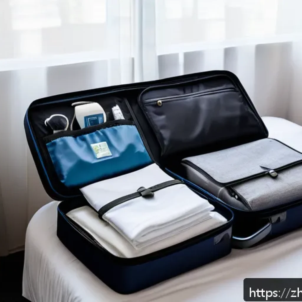 지방공무원 공무 여행 준비 팁 - A modern business traveler’s neatly organized suitcase open on a hotel bed, showing three sets of fo...
